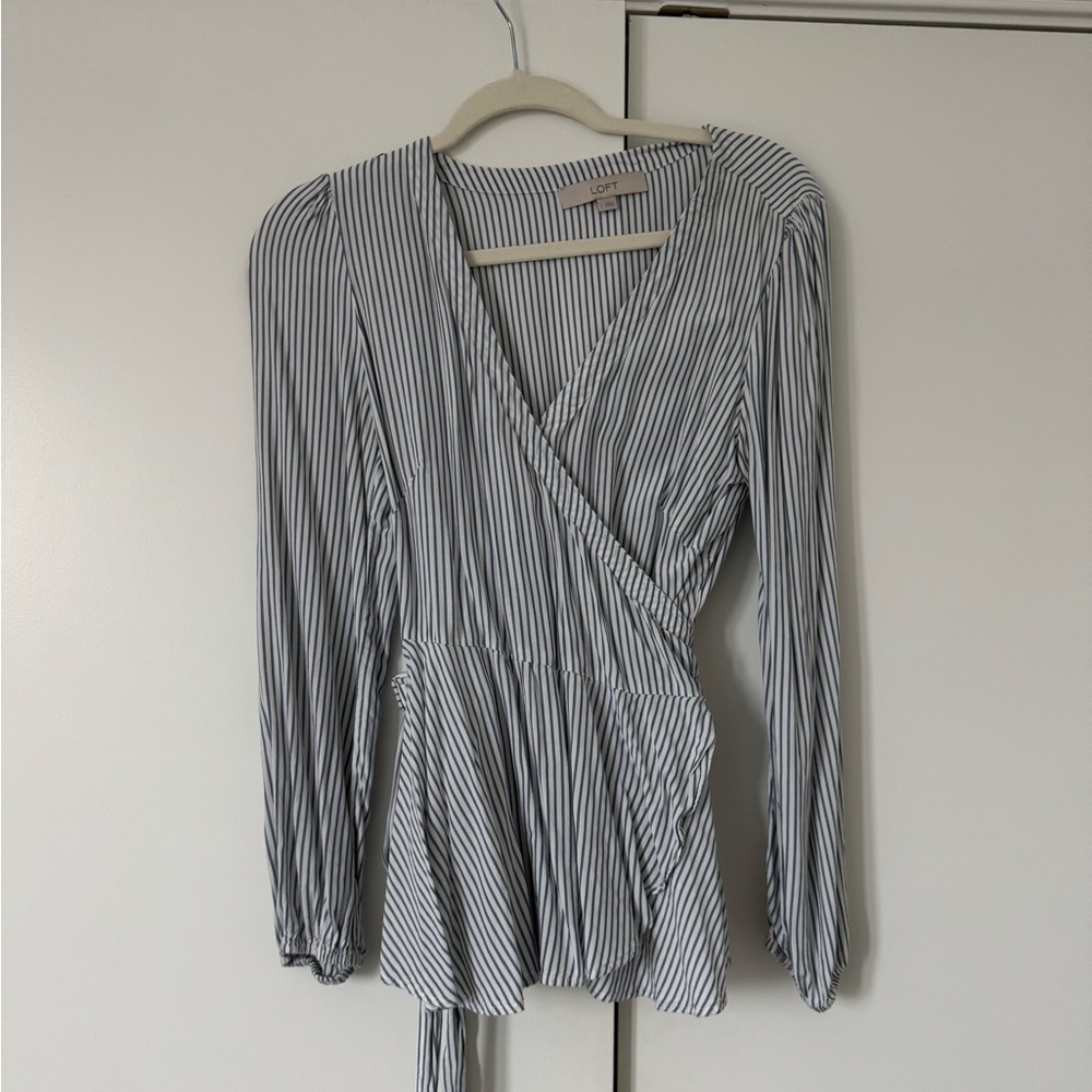 LOFT Blue and White Striped Wrap Blouse